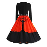Women‘s Halloween Dress Retro 1950s Vintage Dress Midi Dress Holiday With Belt Bow Pumpkin Square Neck Long Sleeve Regular Fit Spring Fall 2023 Black Yellow S M L XL