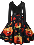 Women‘s Halloween Dress A Line Dress Knee Length Dress Black Blue Purple Pink Red Long Sleeve Pumpkin Bat Print Pumpkin Spider Print Fall Winter V Neck Hot Vintage Slim 2023 S M L XL XXL 3XL