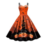 Women‘s Halloween Dress Retro 1950s Vintage Dress Midi Dress Holiday Backless Print Pumpkin Spaghetti Strap Sleeveless Regular Fit Spring Fall 2023 Deep Purple Purple S M L XL