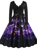 Women‘s Halloween Dress Swing Dress Knee Length Dress Black Blue Purple Yellow Orange Red Long Sleeve Abstract Pumpkin Ghost Bow Print Fall Winter V Neck Stylish Vintage 2023 S M L XL XXL 3XL