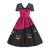 Women‘s Halloween Dress Retro 1950s Vintage Dress Midi Dress Holiday Lace Patchwork Graphic V Neck Short Sleeve Regular Fit Spring Fall 2023 Black Blue S M L XL