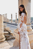 Zjkrl Beautifully Elaborated Sheer Long Sleeves And High Collar Illusion Lace Applique Wedding Dress With High Side Slit
