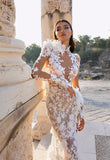 Zjkrl Beautifully Elaborated Sheer Long Sleeves And High Collar Illusion Lace Applique Wedding Dress With High Side Slit