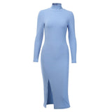Sexy Knee-Length Party Dresses Cotton Ribbed Knitted Turtleneck Solid Split Long Sleeve Autumn Mock Neck Elegant Dress