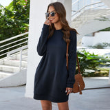 Zjkrl - Autumn Winter O Neck Long Sleeve Women's Sweatshirt Dress New Fashion Solid Loose Pocket Ladies Mini Dress Vestidos