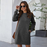 Zjkrl - Autumn Winter O Neck Long Sleeve Women's Sweatshirt Dress New Fashion Solid Loose Pocket Ladies Mini Dress Vestidos