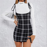 Zjkrl Fashion Women Dress Check Dog Tooth Frill Ruffle Pinafore High Waist Bodycon Party Mini Dress Holiday Casual Slim Dress vestidos