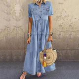Zjkrl - 2023 Plus Size 3xl Women Summer Denim Dress Retro Women Short Sleeve Turn Down Collar Pockets Button Long Loose Denim Dress