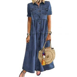 Zjkrl - 2023 Plus Size 3xl Women Summer Denim Dress Retro Women Short Sleeve Turn Down Collar Pockets Button Long Loose Denim Dress