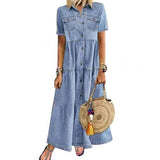 Zjkrl - 2023 Plus Size 3xl Women Summer Denim Dress Retro Women Short Sleeve Turn Down Collar Pockets Button Long Loose Denim Dress