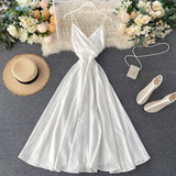 New Summer Women Sexy V Neck High Waist A-line Party Tank Sundress Elegant Bandage Bow Long Dress Vestidos Multicolour