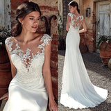 Zjkrl The Sales Rack-Modest Soft Satin Bateau Neckline Mermaid Bridal Dress With Lace Appliques And Sheer Illusion Back