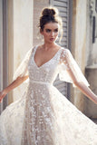 Zjkrl The Sales Rack-Beach Bride Chiffon V Neck Short Sleeve Lace Bridal Dress Free Shipping