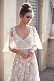 Zjkrl The Sales Rack-Beach Bride Chiffon V Neck Short Sleeve Lace Bridal Dress Free Shipping