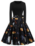 Women‘s Halloween Dress Swing Dress Black Dark Grey Orange Long Sleeve Pumpkin Bow Winter Fall Autumn Crew Neck Winter Dress Fall Dress 2023 S M L XL 2XL