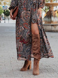 Women's Casual Dress Ethnic Dress Swing Dress Floral Paisley Split Print V Neck Long Dress Maxi Dress Vintage Ethnic Outdoor Date Long Sleeve Loose Fit Navy Blue Spring Fall S M L XL XXL