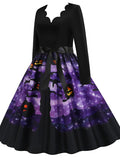 Women‘s Halloween Dress Swing Dress Knee Length Dress Black Blue Purple Yellow Orange Red Long Sleeve Abstract Pumpkin Ghost Bow Print Fall Winter V Neck Stylish Vintage 2023 S M L XL XXL 3XL