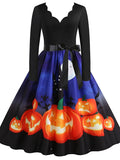 Women‘s Halloween Dress Swing Dress Knee Length Dress Black Blue Purple Yellow Orange Red Long Sleeve Abstract Pumpkin Ghost Bow Print Fall Winter V Neck Stylish Vintage 2023 S M L XL XXL 3XL