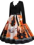 Women‘s Halloween Dress Swing Dress Knee Length Dress Black Blue Purple Yellow Orange Red Long Sleeve Abstract Pumpkin Ghost Bow Print Fall Winter V Neck Stylish Vintage 2023 S M L XL XXL 3XL