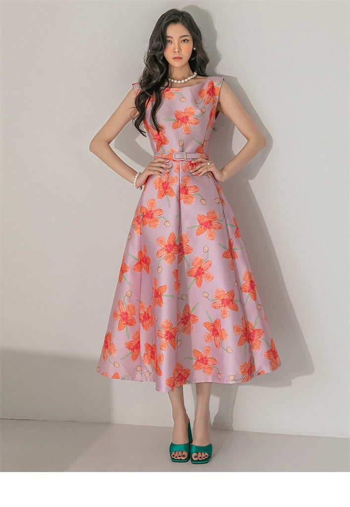 Women's Summer Print Pattern O-Neck Ankle Length Vintage Dresses
