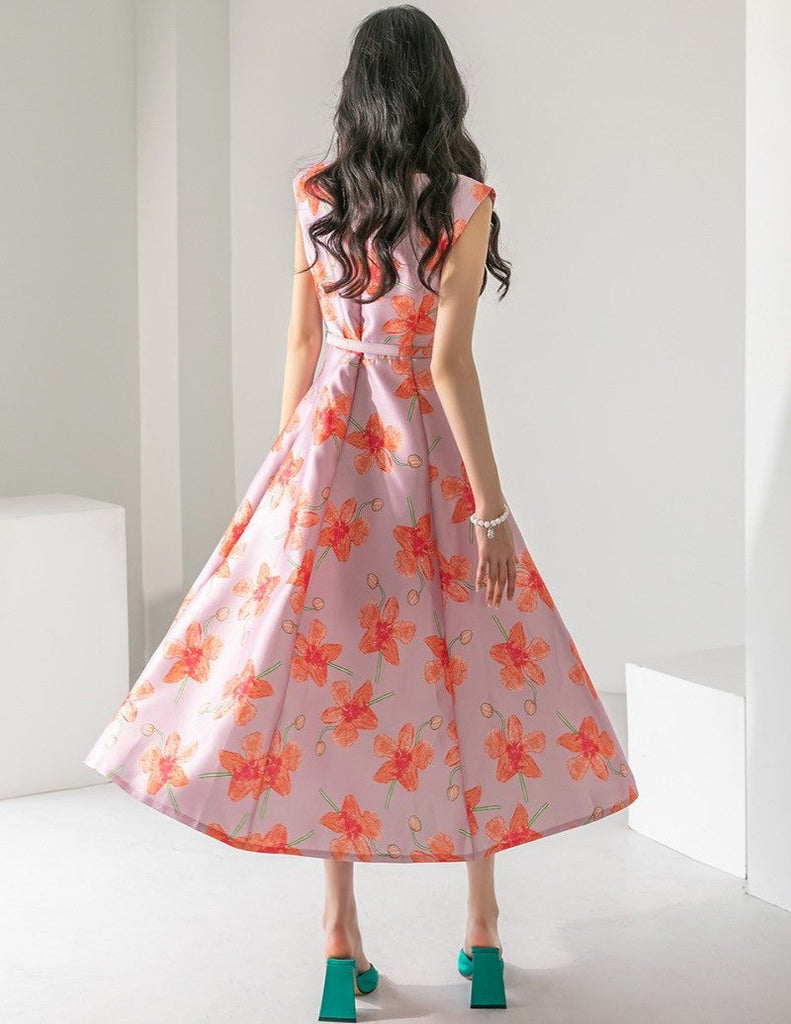 Women's Summer Print Pattern O-Neck Ankle Length Vintage Dresses