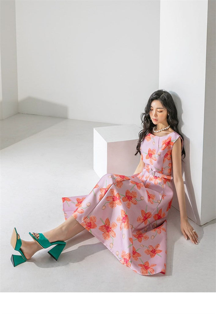 Women's Summer Print Pattern O-Neck Ankle Length Vintage Dresses