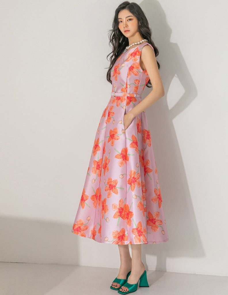 Women's Summer Print Pattern O-Neck Ankle Length Vintage Dresses