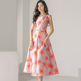 Women's Summer Print Pattern O-Neck Ankle Length Vintage Dresses