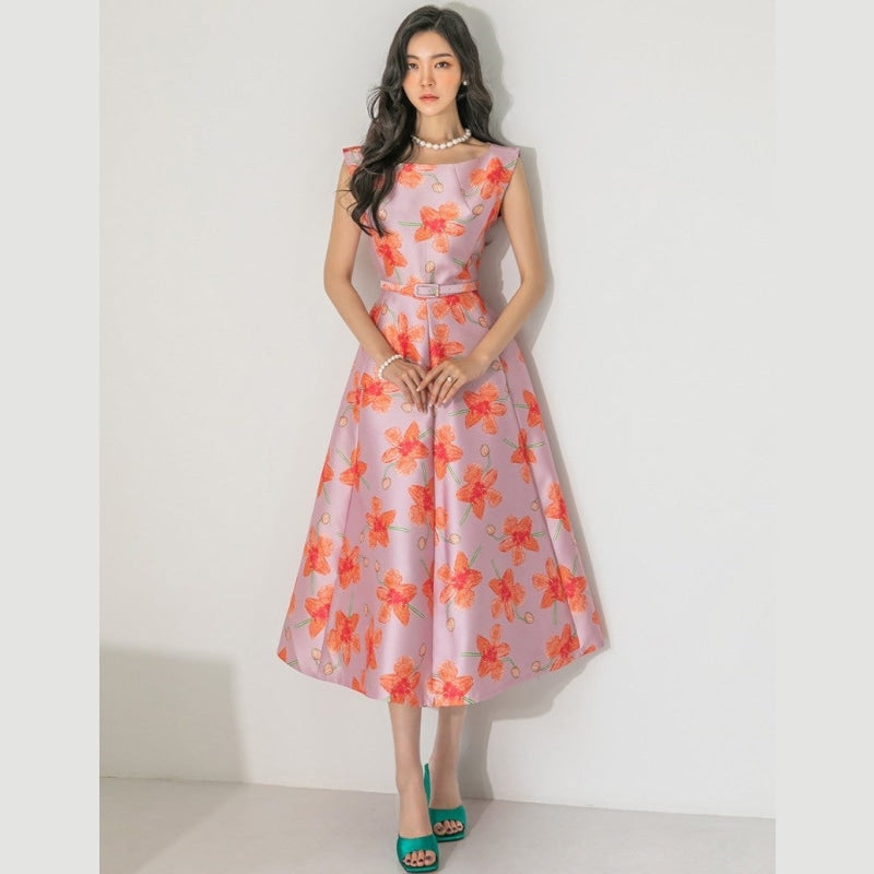 Women's Summer Print Pattern O-Neck Ankle Length Vintage Dresses