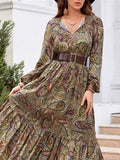 Women's Casual Dress Ethnic Dress Swing Dress Floral Paisley Ruffle Patchwork Split Neck Long Dress Maxi Dress Vintage Ethnic Outdoor Date Long Sleeve Loose Fit Green Spring Fall S M L XL XXL