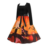 Women‘s Halloween Dress Retro 1950s Vintage Dress Midi Dress Holiday With Belt Bow Pumpkin Square Neck Long Sleeve Regular Fit Spring Fall 2023 Black Yellow S M L XL