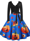 Women‘s Halloween Dress A Line Dress Knee Length Dress Black Blue Purple Pink Red Long Sleeve Pumpkin Bat Print Pumpkin Spider Print Fall Winter V Neck Hot Vintage Slim 2023 S M L XL XXL 3XL