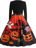 Women‘s Halloween Dress Swing Dress Knee Length Dress Black Blue Purple Yellow Orange Red Long Sleeve Abstract Pumpkin Ghost Bow Print Fall Winter V Neck Stylish Vintage 2023 S M L XL XXL 3XL
