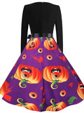 Women‘s Halloween Dress A Line Dress Knee Length Dress Black Blue Purple Pink Red Long Sleeve Pumpkin Bat Print Pumpkin Spider Print Fall Winter V Neck Hot Vintage Slim 2023 S M L XL XXL 3XL