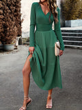 Women's Casual Dress Black Dress Plain Dress Long Dress Maxi Dress Ruched Street Daily Holiday Fashion Streetwear V Neck Long Sleeve 2023 Slim Black Wine Green Color S M L XL Size