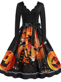 Women‘s Halloween Dress Swing Dress Knee Length Dress Black Blue Purple Yellow Orange Red Long Sleeve Abstract Pumpkin Ghost Bow Print Fall Winter V Neck Stylish Vintage 2023 S M L XL XXL 3XL