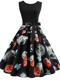 Women‘s Halloween Dress Swing Dress Knee Length Dress White Orange Red Light Blue Sleeveless Skull Pumpkin Print Patchwork Print Spring Summer Crew Neck Vintage 1950s Party Slim 2023 S M L XL XXL