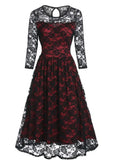 Women‘s Halloween Dress Wedding Guest Vintage Tea Dresses Lace Dress A Line Dress Knee Length Dress Green Purple Red 3/4 Length Sleeve Floral Lace Fall Winter Crew Neck Casual