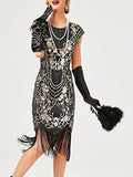 Women‘s Halloween Dress Retro 1920s Fringe Dress Midi Dress Party Sequins Tassel Fringe Floral Crew Neck Short Sleeve Slim Summer Spring 2023 Black Gold Red XS S M L