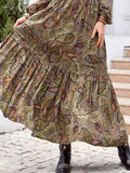 Women's Casual Dress Ethnic Dress Swing Dress Floral Paisley Ruffle Patchwork Split Neck Long Dress Maxi Dress Vintage Ethnic Outdoor Date Long Sleeve Loose Fit Green Spring Fall S M L XL XXL