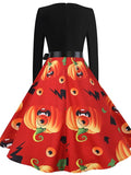 Women‘s Halloween Dress A Line Dress Knee Length Dress Black Blue Purple Pink Red Long Sleeve Pumpkin Bat Print Pumpkin Spider Print Fall Winter V Neck Hot Vintage Slim 2023 S M L XL XXL 3XL