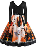 Women‘s Halloween Dress Swing Dress Knee Length Dress Black Blue Purple Yellow Orange Red Long Sleeve Abstract Pumpkin Ghost Bow Print Fall Winter V Neck Stylish Vintage 2023 S M L XL XXL 3XL