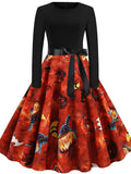 Women‘s Halloween Dress A Line Dress Knee Length Dress Black Blue Wine Long Sleeve Pumpkin Spider Print Pumpkin Bow Print Fall Winter Crew Neck Hot Vintage Slim 2023 S M L XL XXL