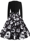 Women‘s Halloween Dress Swing Dress Knee Length Dress White Black Gray Pink Yellow Red Long Sleeve Floral Skull Skeleton Ruched Print Fall Winter V Neck Casual Vintage 2023 S M L XL XXL 3XL