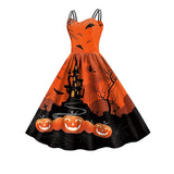 Women‘s Halloween Dress Retro 1950s Vintage Dress Midi Dress Holiday Backless Print Pumpkin Spaghetti Strap Sleeveless Regular Fit Spring Fall 2023 Deep Purple Purple S M L XL